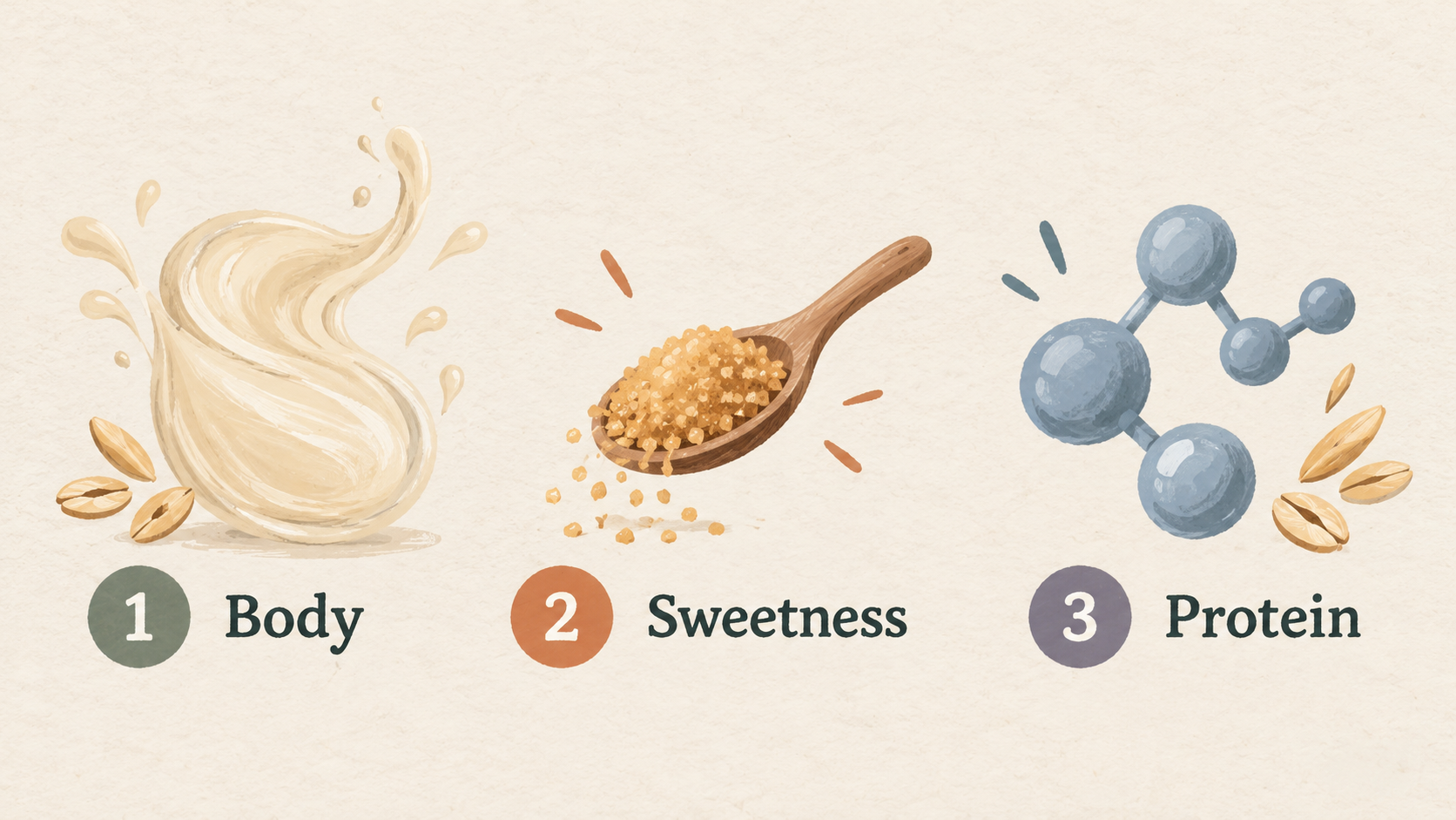 Show one numbered checklist of the section’s three priorities for choosing an oat milkshake base: body first, sweetness second, and protein third.