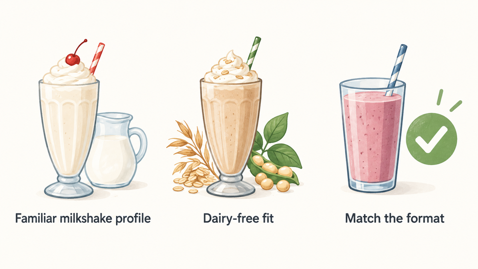 Show one row of five icons with short labels for stated choice points: familiar milkshake profile, proteincalcium comparison, dairy-free fit, oat texture, and soya protein.