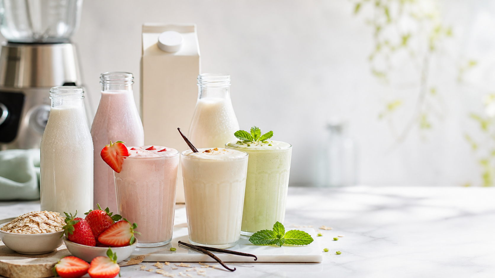 Premium milkshake tasting setup with fresh ingredients