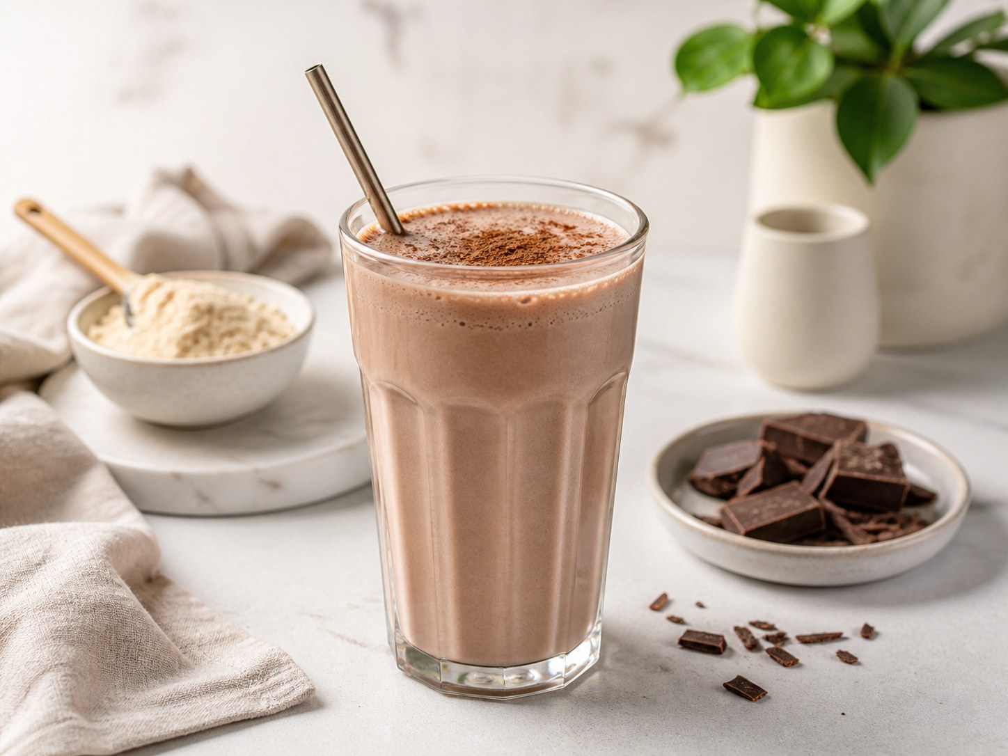 Generated editorial chilled protein milkshake scene with no branded packaging