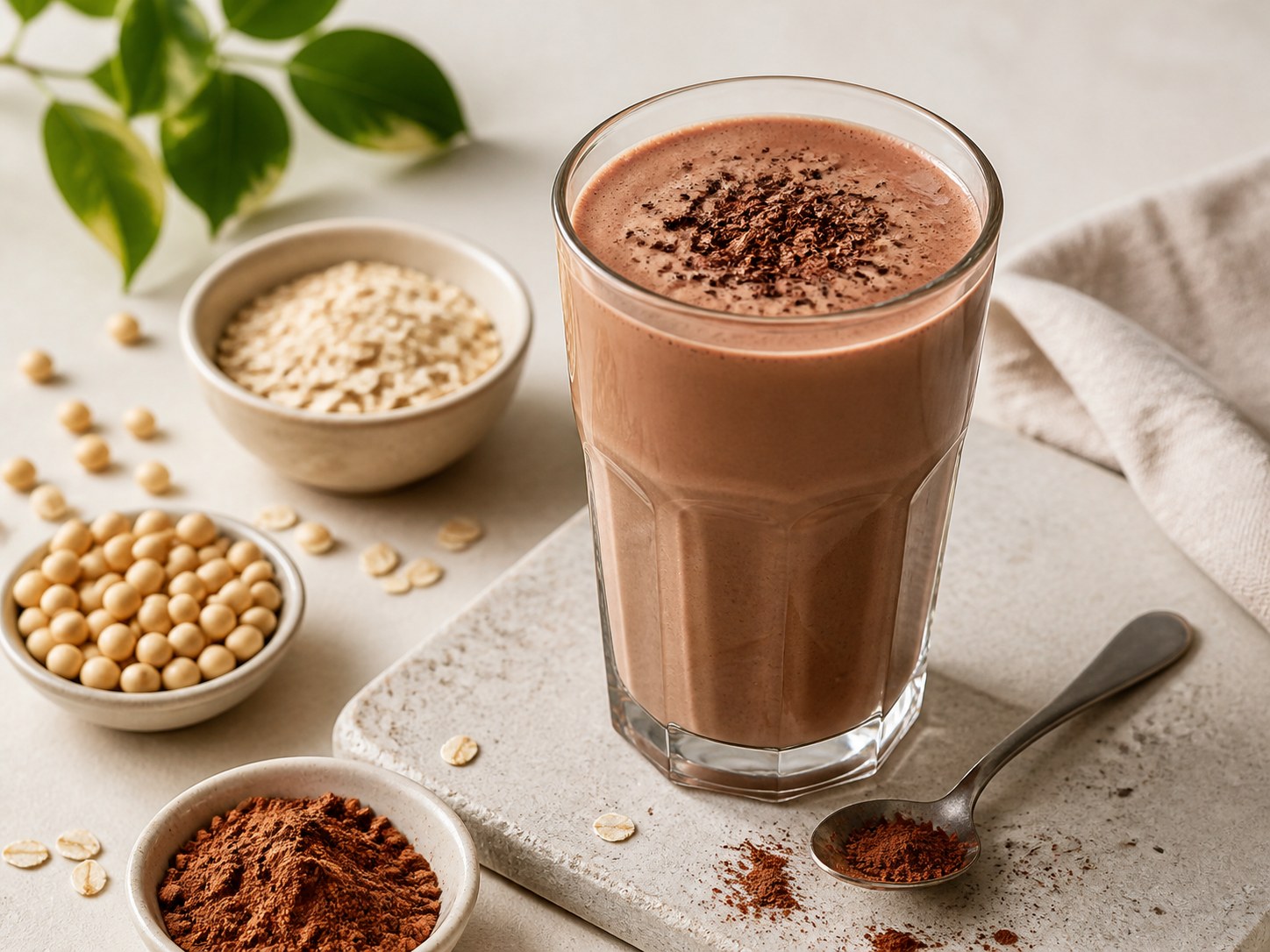Generated editorial image of high-protein chocolate plant drink without real packaging