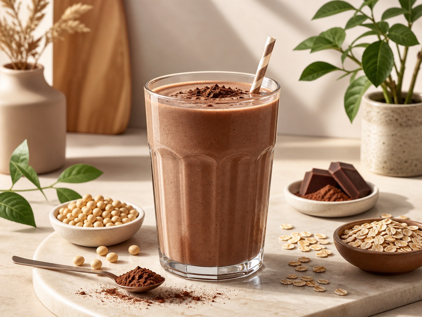 Generated editorial plant-protein chocolate drink scene without real packaging