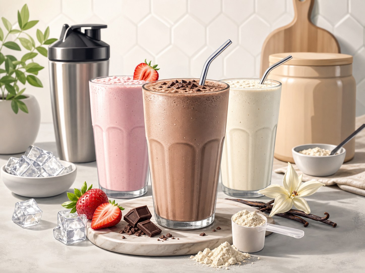 Generated editorial chilled protein milkshake scene without branded packaging