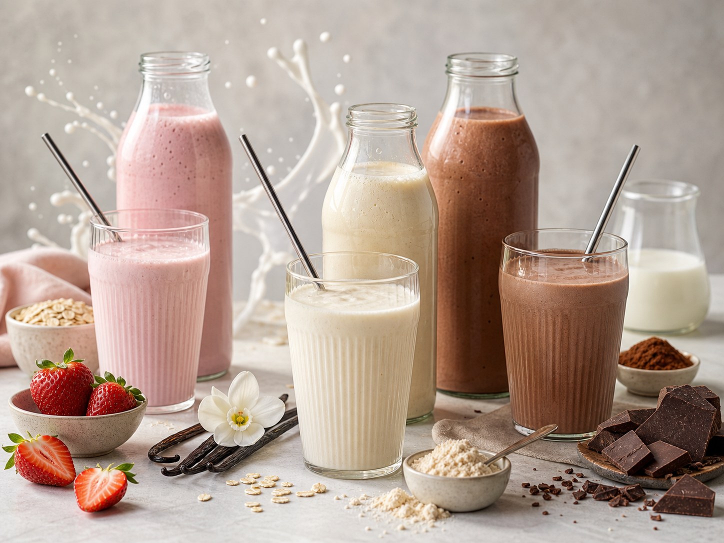 Generated editorial milkshake range scene with chocolate and vanilla cues, no labels